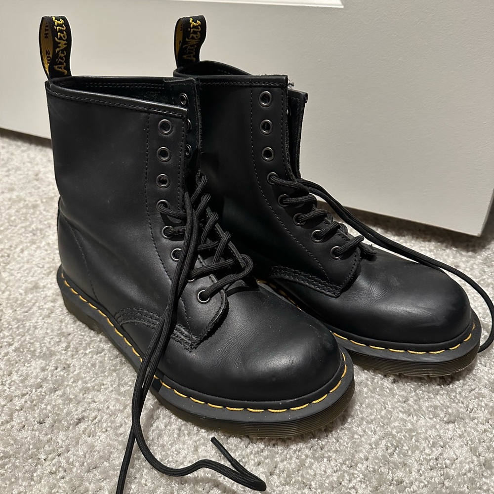 Dr. Martens Black Leather 8-Eye Combat Boots with Yellow Stitching
